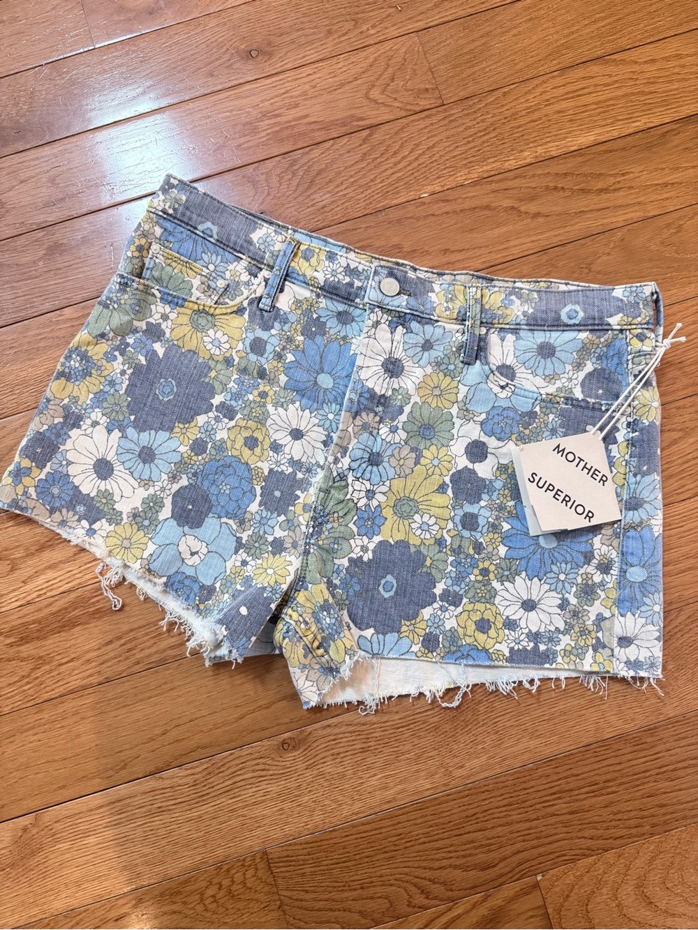 MOTHER Floral Denim Cutoff Shorts in Blue & Yellow